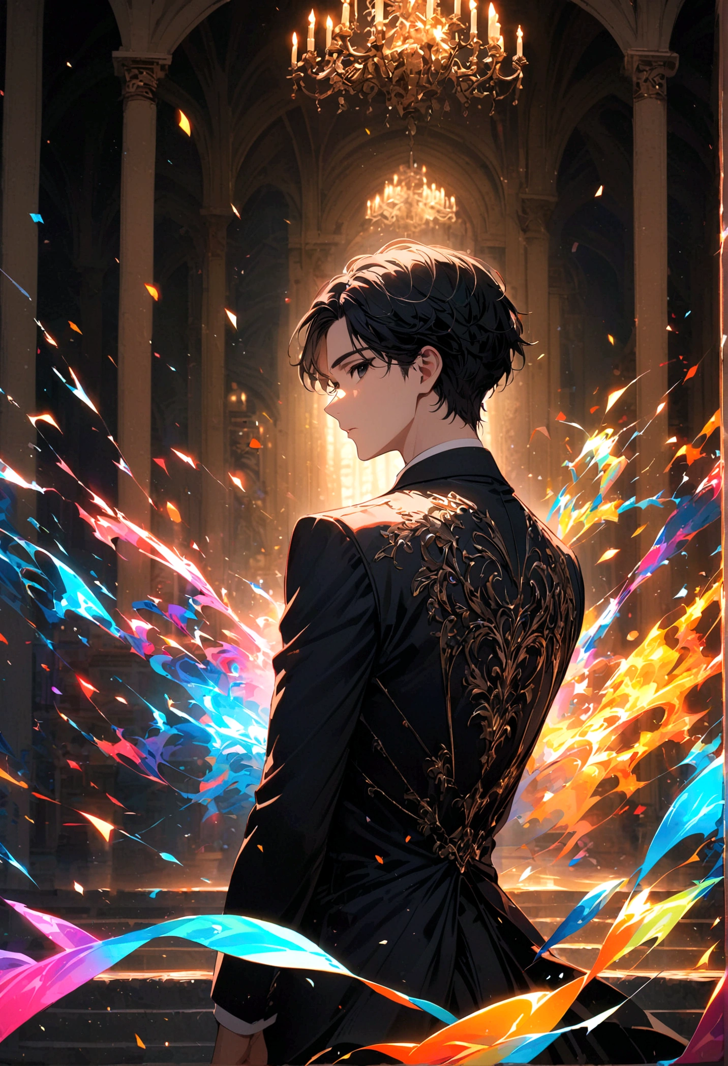 A young man with black hair, black eyes, a black suit stood alone with his back turned half his face in the palace at night.