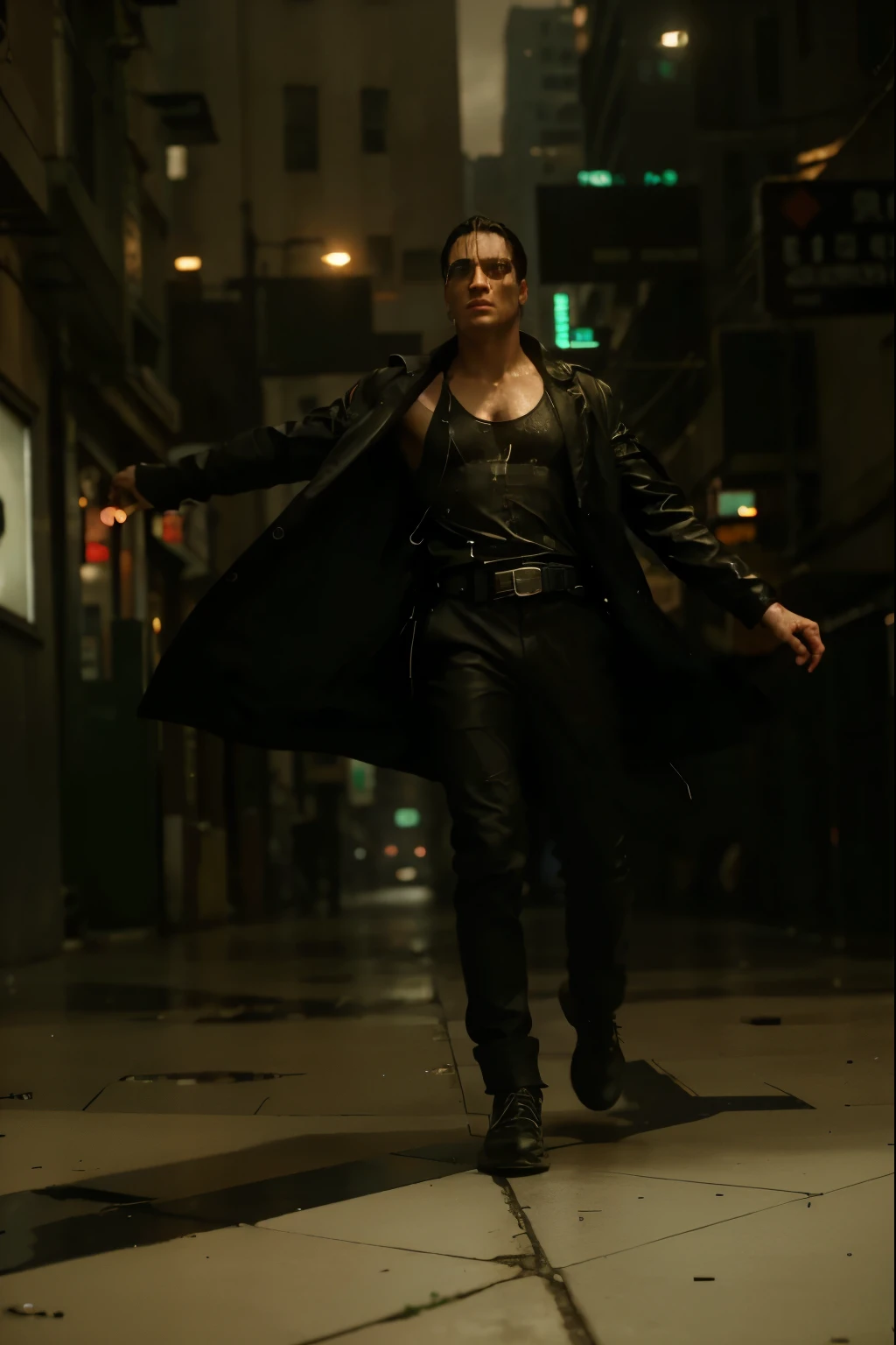 (Best quality, 8k, 32k, Masterpiece, UHD:1.2), "Transform the scene into the iconic Mega City from The Matrix movies. Imagine a sprawling, dystopian urban landscape characterized by its dark, rain-soaked streets and towering skyscrapers. The city is a blend of modern and grimy, with towering buildings clad in reflective glass and steel, interspersed with older, rundown structures.

The streets are eerily quiet, illuminated by the cold, artificial glow of neon signs and streetlights. Rain pours down relentlessly, creating puddles that reflect the myriad lights of the city. The air is thick with an atmosphere of tension and surveillance, suggesting an omnipresent, unseen authority.

Capture the sense of a digital facade overlaying reality, with subtle glitches or anomalies in the environment that hint at the underlying Matrix code. Shadows move unnaturally, and occasional flickers in the lights add to the surreal, almost otherworldly feel of the city.

Highlight the contrast between the sleek, high-tech elements and the grungy, decayed aspects of the urban environment. The scene should evoke a sense of dystopian realism, underscored by the feeling of being trapped within a meticulously controlled, artificial reality.

The overall mood should be dark, foreboding, and filled with the tension of a world where things are not quite what they seem, capturing the essence of Mega City from The Matrix."