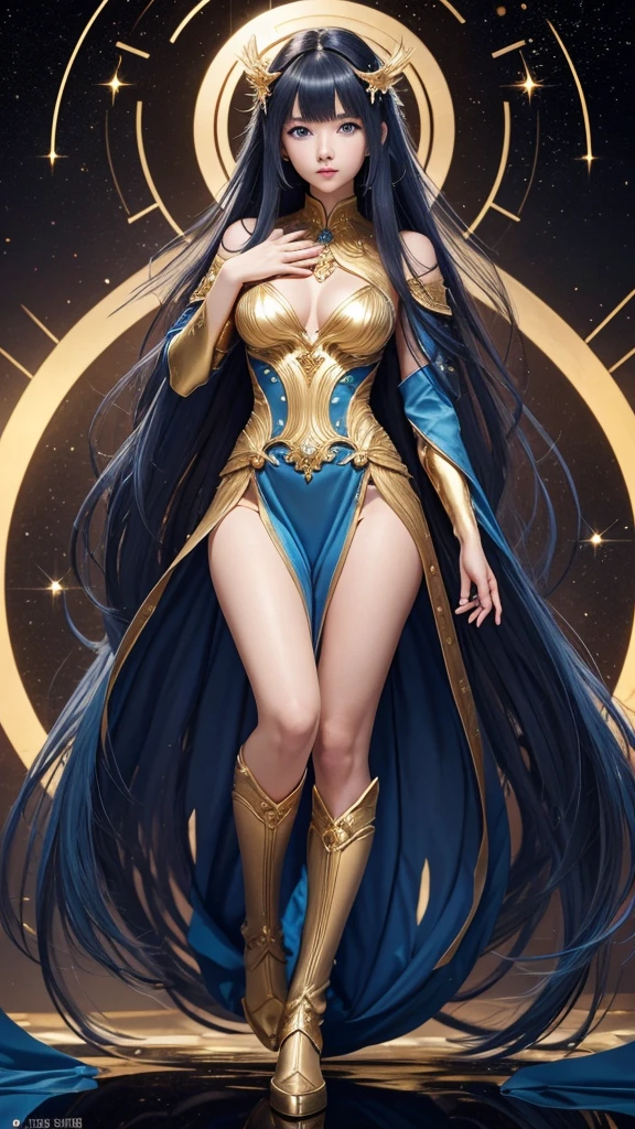 8K、Ultra HD、anime、(A very beautiful female character with beautiful features)、((Beautiful clear blue eyes))、Beautiful long hair、Messy bangs、Full body depiction、(((Beautiful long thin fingers)))、(((Prayer Pose)))、((Wearing a glittering golden outfit))、(((Aries Background)))、((Facing forward))、(((I'm directing my gaze here)))、