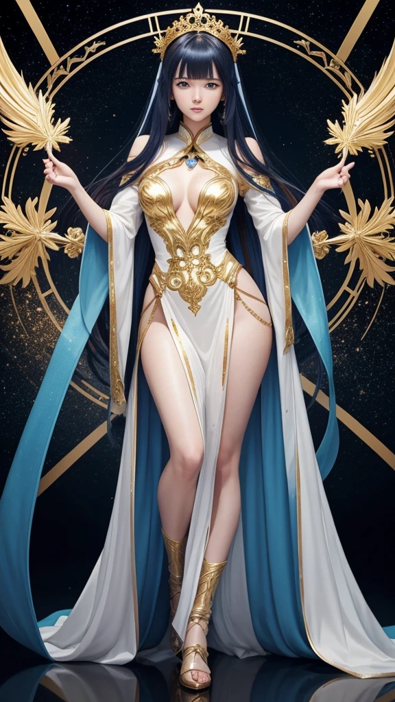 8K、Ultra HD、anime、(A very beautiful female character with beautiful features)、((Beautiful clear blue eyes))、Beautiful long hair、Messy bangs、Full body depiction、(((Beautiful long thin fingers)))、(((Prayer Pose)))、((Wearing a glittering golden outfit))、(((Aries Background)))、((Facing forward))、(((I'm directing my gaze here)))、