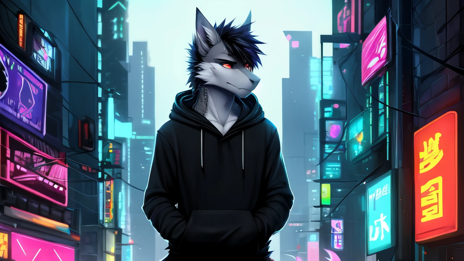 by angiewolf, hioshiru,Dragon, anthro, male, solo, clothing, 2022, black clothing, hoodie, black topwear, lidded eyes, black hoodie, cyberpunk city background,anthro dragon, grey scales,sad face,looking sad, deppressed,grey body,grey dragon,scales,scales.