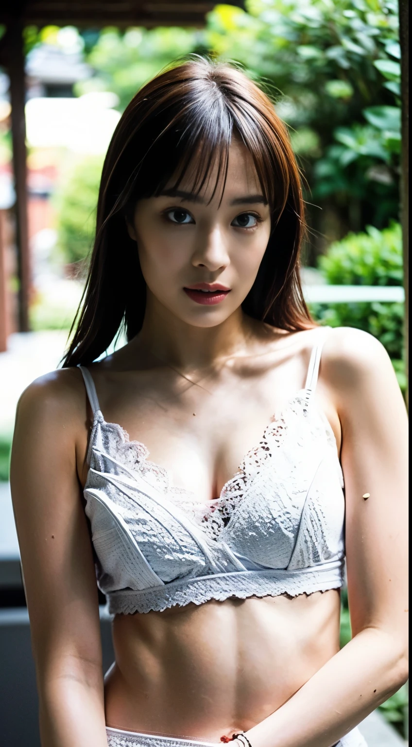 (Surreal)、(High resolution)、(8K)、(Very detailed)、(Beautiful and detailed)、(Highest quality)、(Super detailed)、(masterpiece)、(Detailed face)、alone、1 Girl、Faces of Japanese actresses、Adult female、Fine details、Detailed face、Natural soft light、((Ample breasts:1.2))、 White sheer lace underwear、Sheer lace bra、Sheer lace T-back shorts、Ultra-fine makeup、Great service、feet、View your viewers、