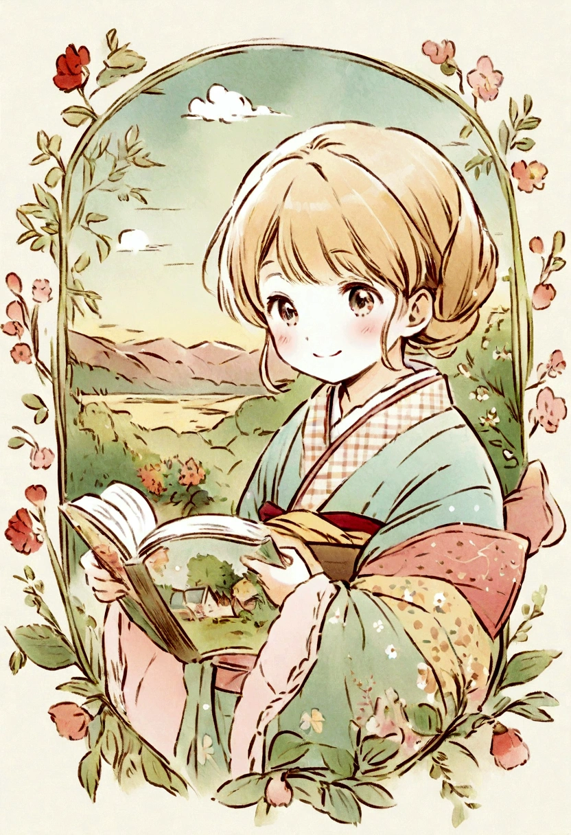 Illustration of a picture book in the style of Beatrix Potter,Smiling girl wearing a kimono,The four seasons in the background,Soft colors
