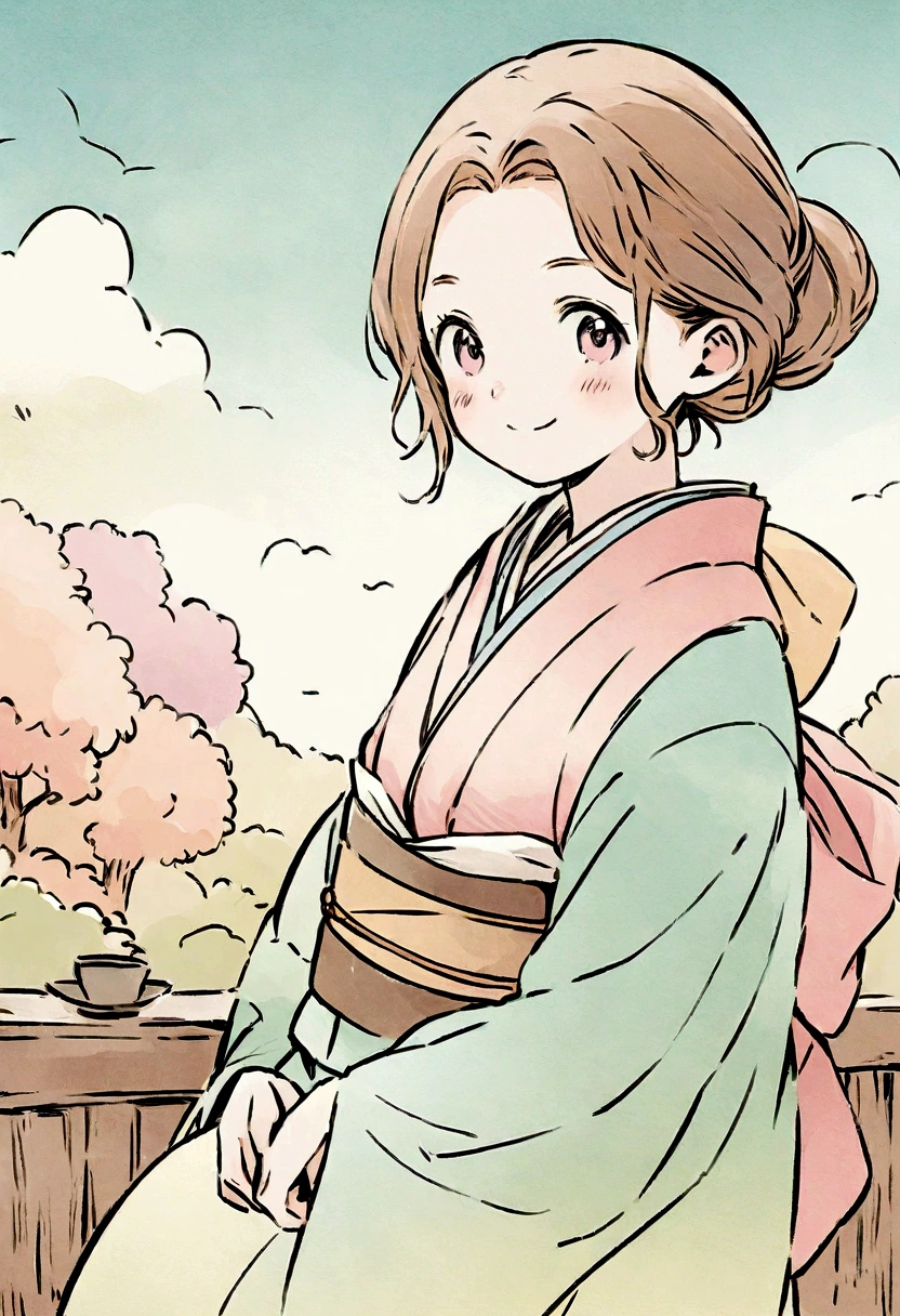 Illustration of a picture book in the style of Beatrix Potter,Smiling girl wearing a kimono,The four seasons in the background,Soft colors