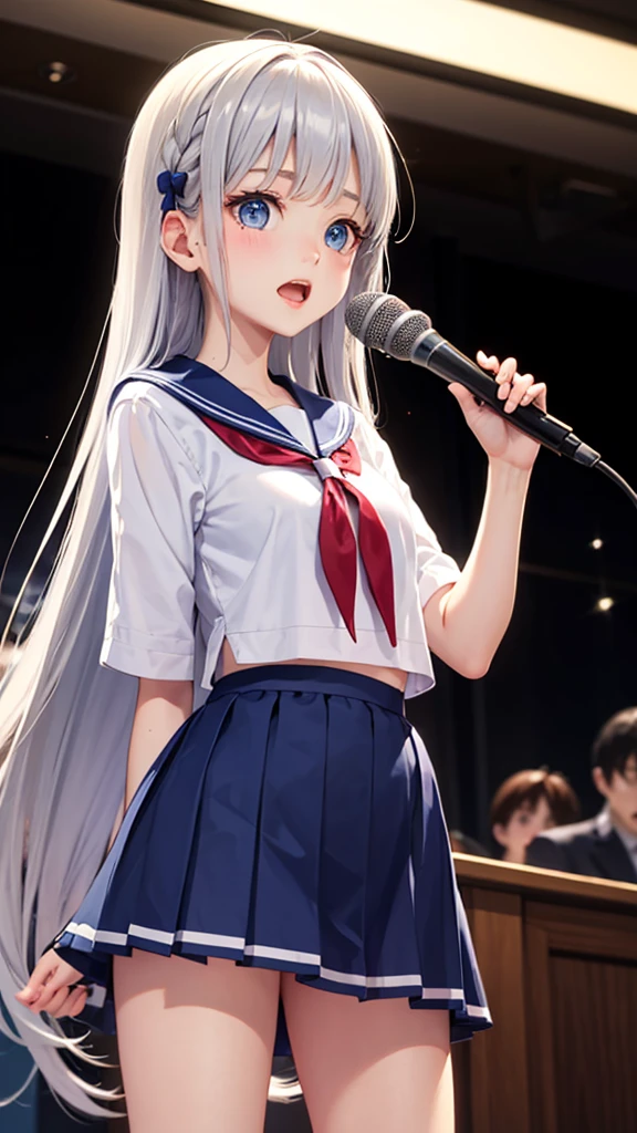 Long silver hair high school girl、Blue eyes、Sailor suit、karaoke、rehearsal