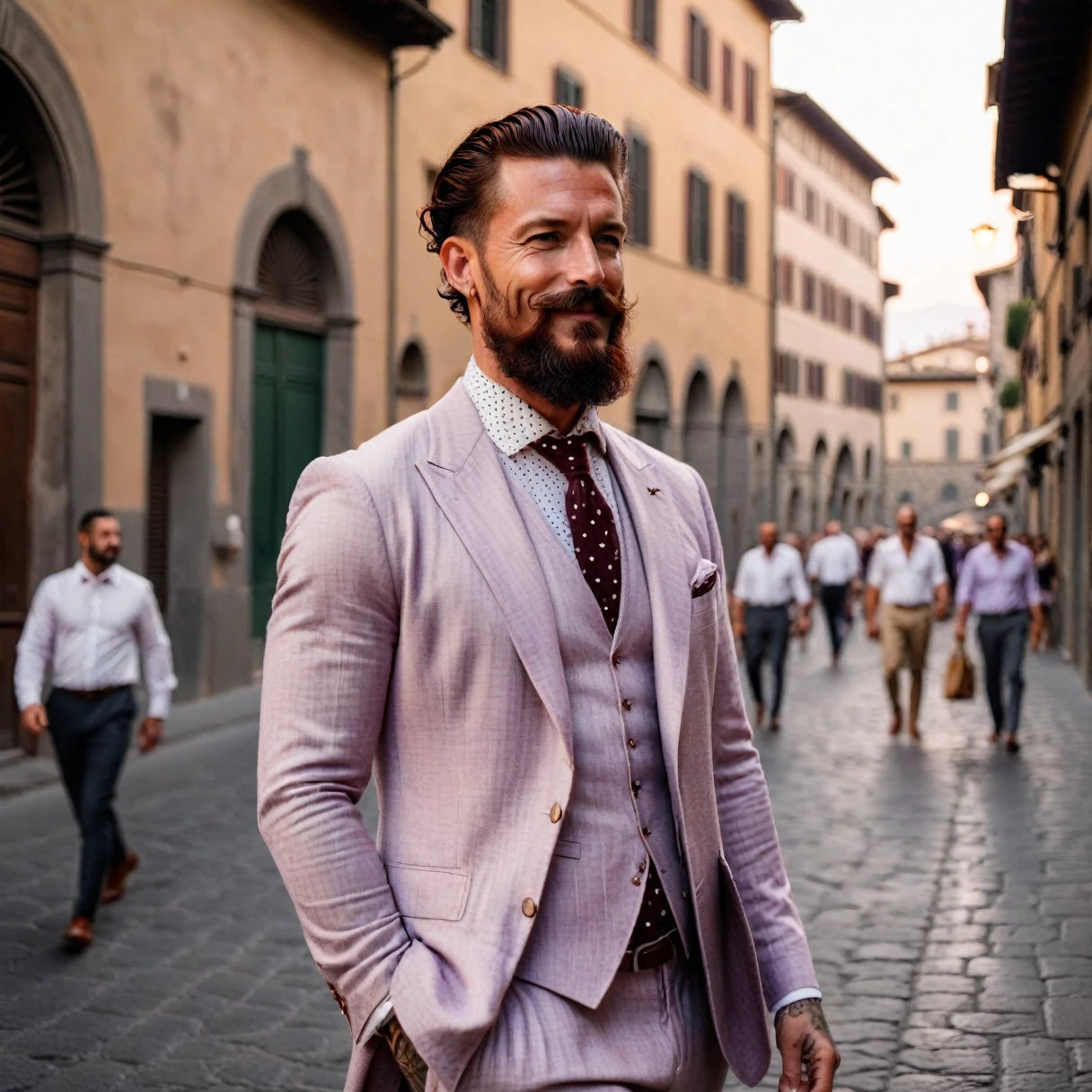 photorealistic, cinematic, raw photo, low angle shot, man, 39 years old, dark red hair, slick back hairstyle, long beard with a lush curled mustache , tattoos everywhere, wearing light lavender linen suit, white linen shirt, dark brown knitted tie with polka dot, walks the streets of Florence , summer, sunrise, happy, smiling