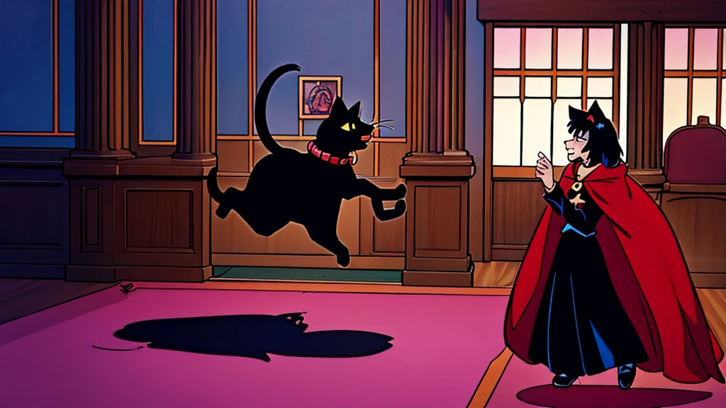 a magic domesticated black cat, red cape, amulet collar, chases after rat in a gothic mansion, high detail, atmospheric, 1980s anime screen caps 