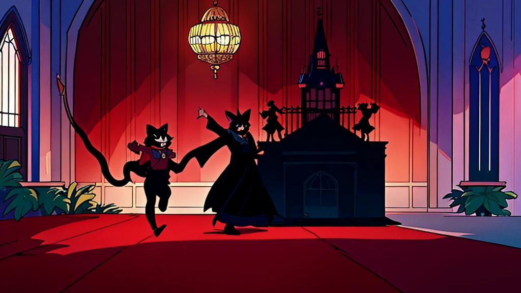 a magic domesticated black cat, red cape, amulet collar, chases after rat in a gothic mansion, high detail, atmospheric, 1980s anime screen caps 