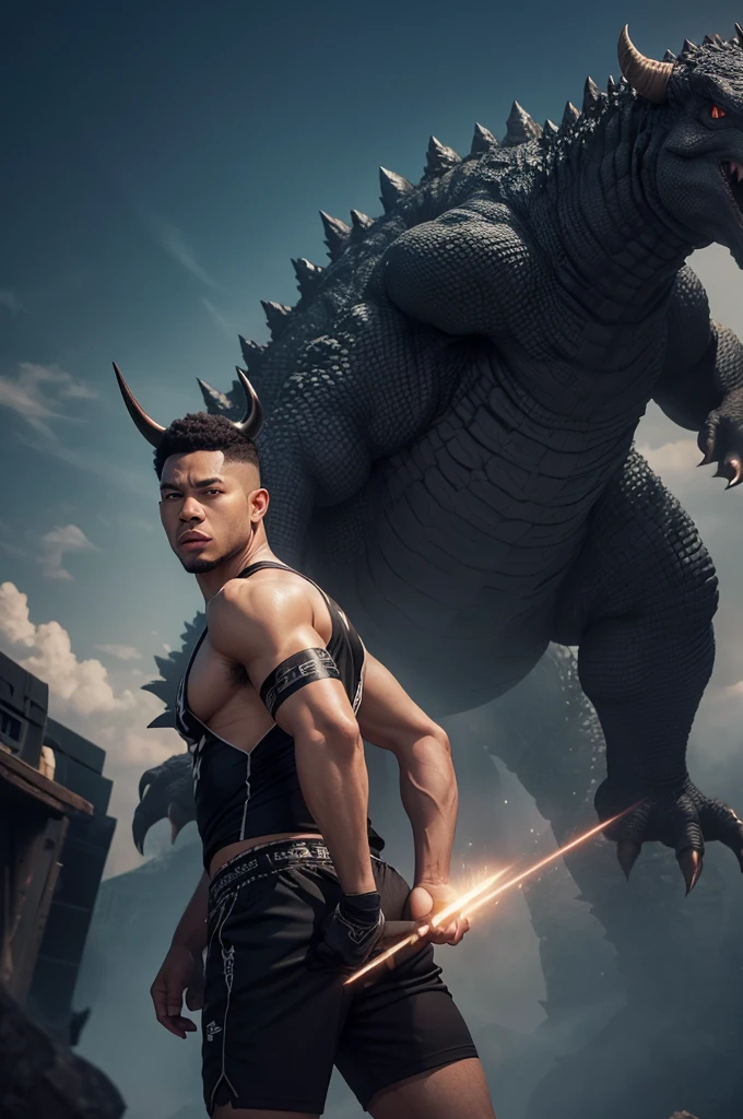 a man, with a godzilla tail, with bull horns, with black claws, light skin, black shorts