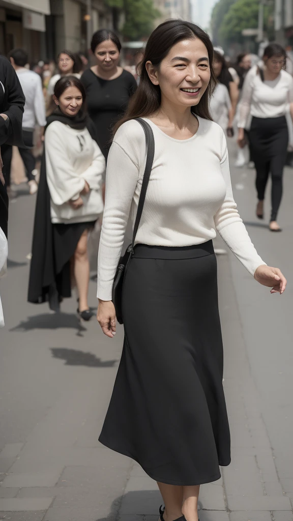 NSFW, ((Highest quality)), ((8K)), ((masterpiece:1.3)), (Perfect appearance), ((Woman looking back)), (JMA), Sidewalk in an office district, Walking through the crowd, One Japanese woman, 47 years old, Married women, Wedding ring on ring finger of left hand, Facial wrinkles, Wrinkles around the eyes, Tear bags around the eyes, double eyelid, Lightweight knit short sleeve sweater, A long skirt with a tight mermaid line around the hips, Long Hair, (ウェーブしたLong Hair), (Unbunched hair), (Back view), (Rotate with only your upper body), Laugh with the corners of your mouth turned up, (Accentuated hip line), High heels, ((whole body)), Angle from the legs,