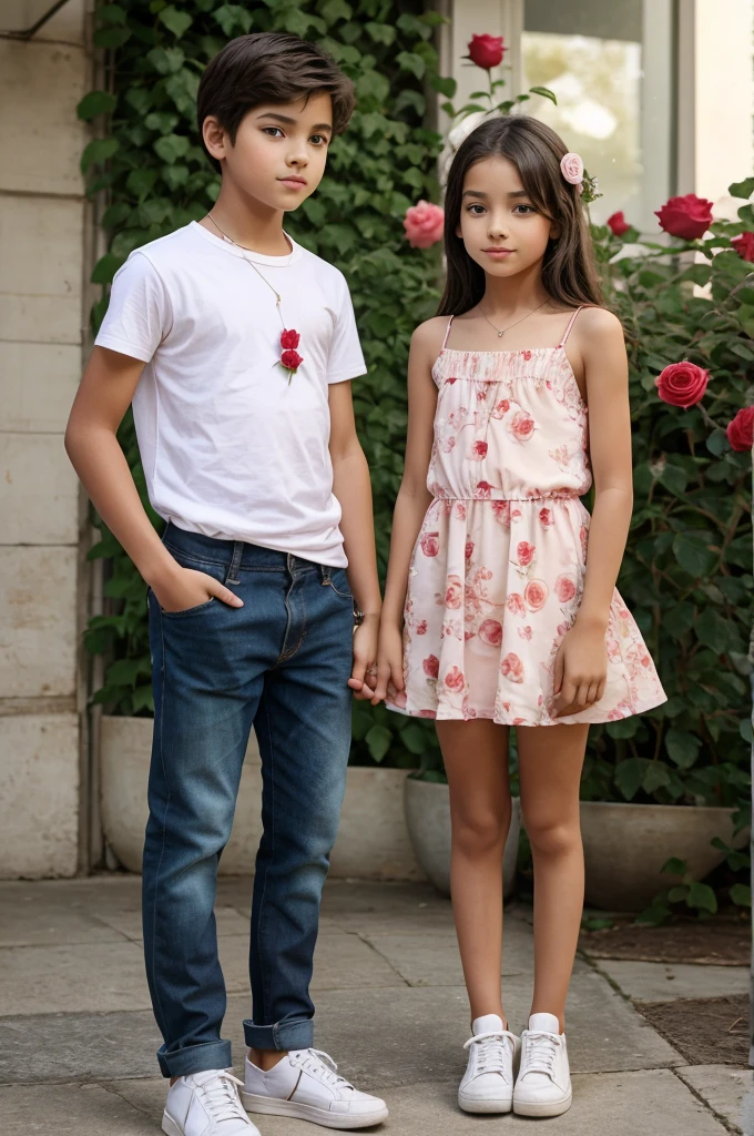 A boy and a girl are standing side by side with a rose flower in the girl's hand. The girl and the boy look very slim.