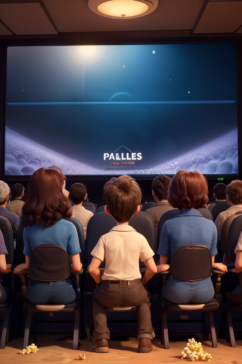 "In the middle of a desert, there is a sign with the words 'PaldePelis' in a well-decorated retro cinema style. The floor is littered with spilled popcorn and signs with the same 'PaldePelis' logo. This is seen within the screen of a movie theater where more than ten people of different genders are sitting, looking at the screen with enthusiasm, applauding and waving their hands from their seats, viewed from behind."