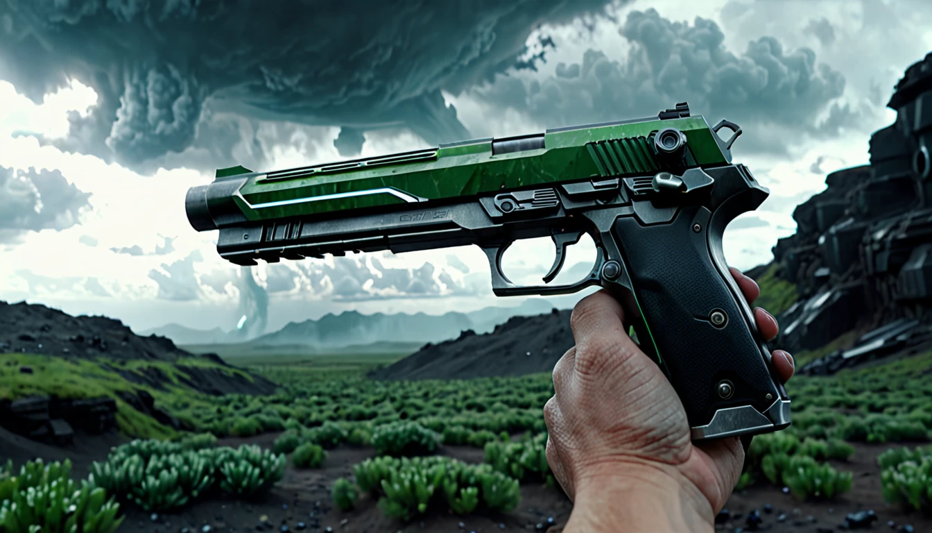 pov of a hand wearing a futurist pistol. Scene of a futuristic war on a sci fi planet lot of details,cloudy day, dark cinematic lights cinematic lights best quality,4k,8k,highres, t Dark and green landscape atmosphere that conveys sadness, 8k, ultra realistic, dramatic lighting.