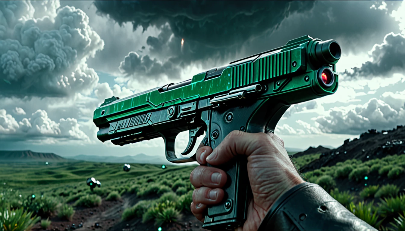 pov of a hand wearing a futurist pistol. Scene of a futuristic war on a sci fi planet lot of details,cloudy day, dark cinematic lights cinematic lights best quality,4k,8k,highres, t Dark and green landscape atmosphere that conveys sadness, 8k, ultra realistic, dramatic lighting.