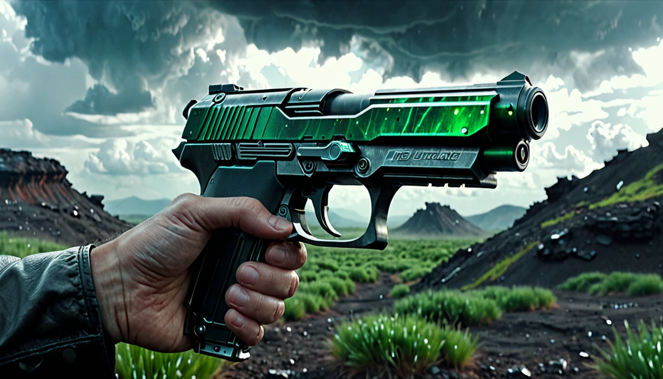 pov of a hand wearing a futurist pistol. Scene of a futuristic war on a sci fi planet lot of details,cloudy day, dark cinematic lights cinematic lights best quality,4k,8k,highres, t Dark and green landscape atmosphere that conveys sadness, 8k, ultra realistic, dramatic lighting.