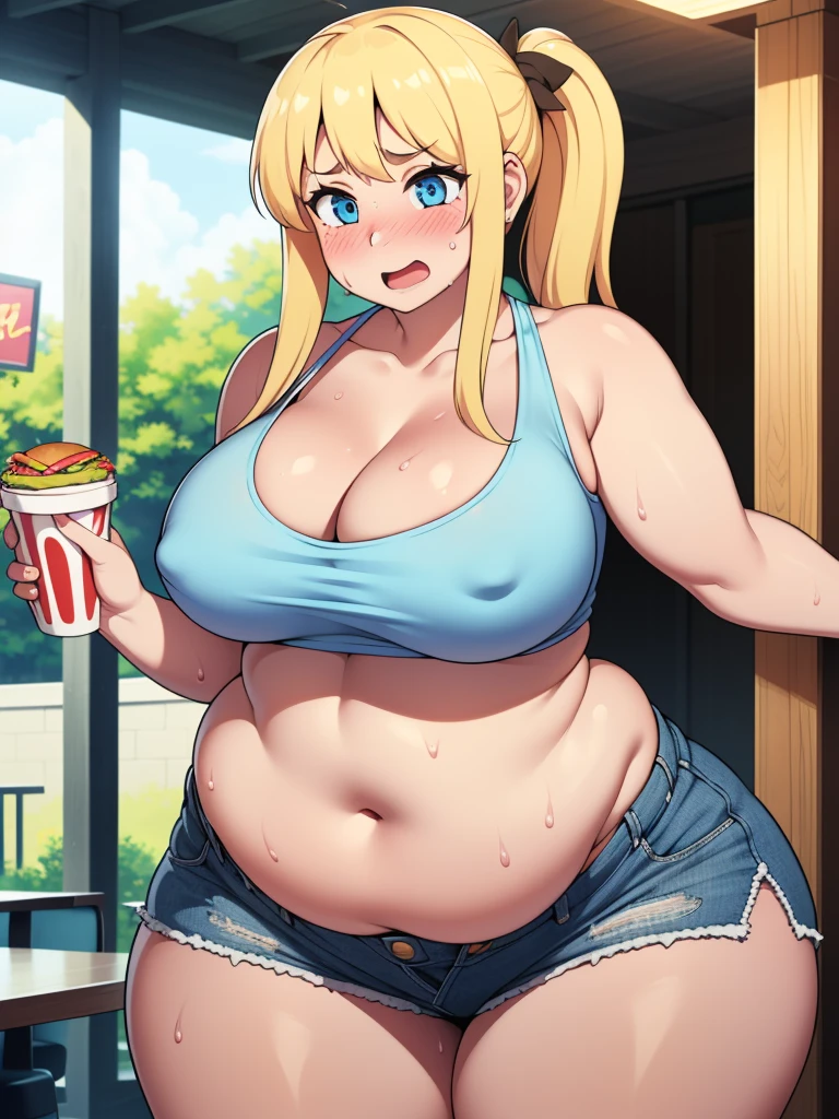 ((highres)), Masterpiece, high quality, best quality, beautiful, perfect lighting, detailed face, ultra cute face, ((1girl)), ((solo)), ((blush)), embarrassed, long fluffy blonde hair, pony tail, blue eyes, sweat, heavy breathing, crop top and shorts, fast food restaurant, cleavage, large breasts, ((wide hips)), (thick thighs), (chubby), ((belly grab)),