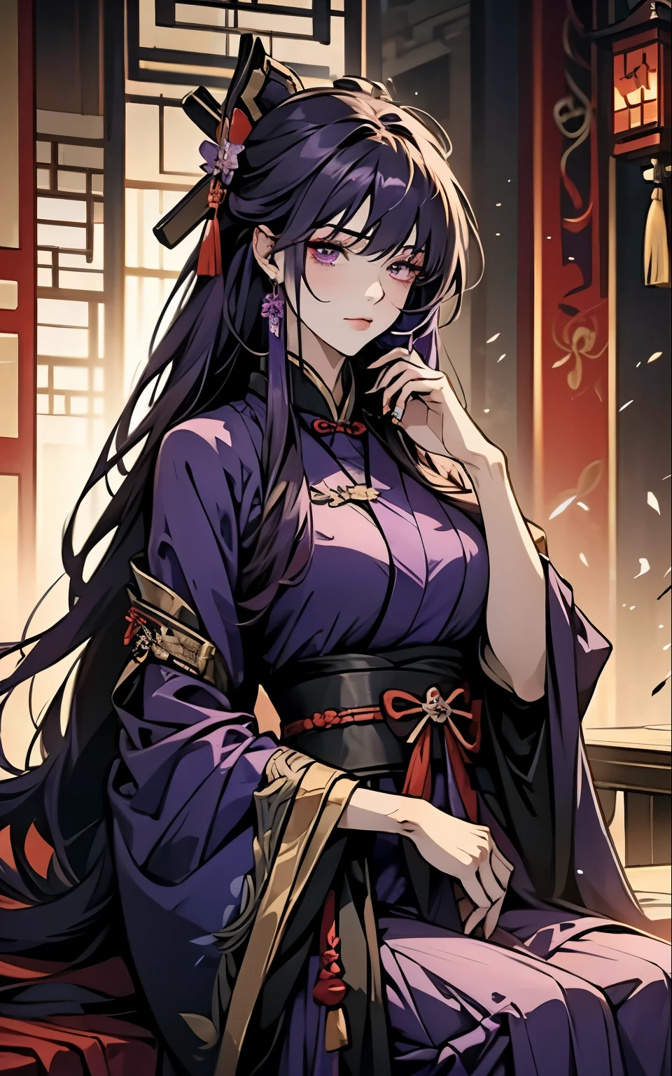 1 women, Raiden Shogun - genshin impact, long purple hair, violet eyes, violet chinese clothes, ultra long skirt, sitting at a table in chinese room