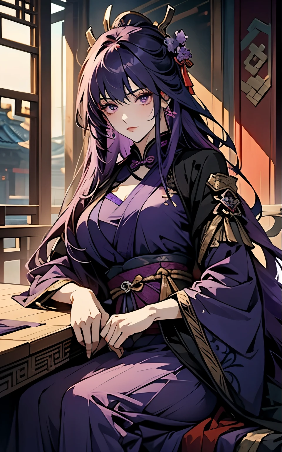1 women, Raiden Shogun - genshin impact, long purple hair, violet eyes, violet chinese clothes, ultra long skirt, sitting at a table in chinese room