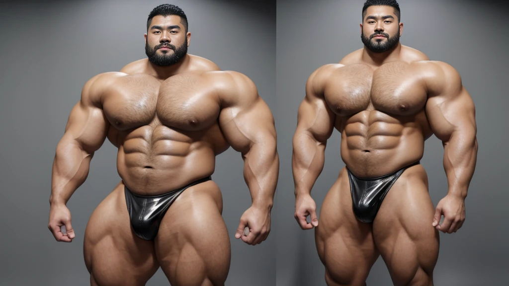 A Chinese bodybuilder,30 years old,Tall and handsome, Toned body,short hair, O-Shaped Beard,Perfect body, Dark and shiny skin,Smooth skin,The body is hairless,Muscle bulge, Muscular, Very large pectoral muscles,Very sexy abdominal muscles,Very well-developed leg muscles,Huge concave and convex area,Brightens oily skin,Wearing black leather shiny thong,Handsome face, Correct and accurate male body proportions,Muscular,Standing in front of gray background,Ultra-high-definition 4K picture quality。