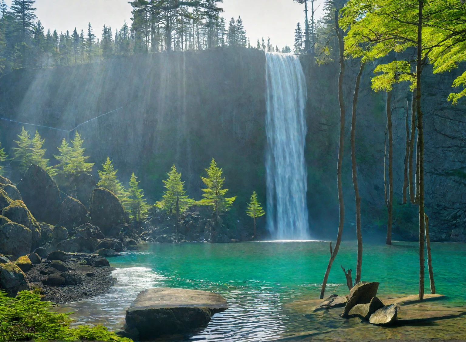 image of a lake in the forest, rocks and waterfall in the foreground, blue water, in the background is the forester&#39;s house, wooden pier, tall pines and spruces, Mountains in the distance, watercolor drawing, Oil drawing, oil painting, digital oil