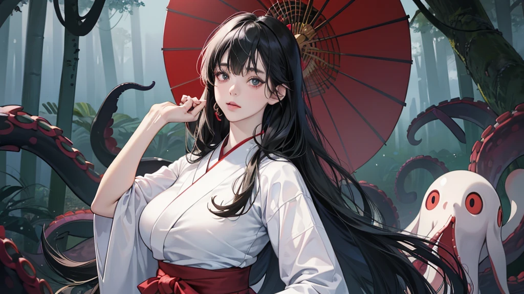 (perfect anatomy:1.2)(absurdres, highres, ultra detailed),masterpiece,best quality,high resolution,8K,Realistic face,Realistic skin texture,magnified textures, stunning clarity,(1 girl),detailed anime girl,japanese lowteen girl,ultra detailed eyes and face,(black hair),long hair,creepy swamp,mysterious eyes,midnight,(tentacles in the background:1.2),pale skin,Japanese shrine maiden, ,(white kimono),(red hakama) thin body type,big breasts,(expressionless:1.2),(from front),upper body,,Daytime,look at viewer