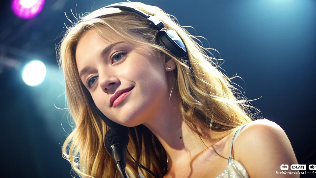 Beautiful blonde with big breasts in a dress (Singing under the spotlight on stage at a live venue),Wearing headphones,Very detailed, 21 years old, Innocent face, Naturally Wavy Hair, blue eyes, High resolution, masterpiece, Highest quality, Intricate details, Very detailed, Clear focus, Delicate skin, practical skin texture, texture, Delicate eyes, Professional, 4K, Cute Smile, Shot with Canon, 85mm, Shallow and deep, Kodak Vision Color, Exactly, Very detailed, photograph_\(Extremist\), photographpractical, practical, Post-processing, Maximum details, Roughness, Real Life, Extremist practical, Photorealism, photographgraphy, 8K Ultra HD, photographgraphy