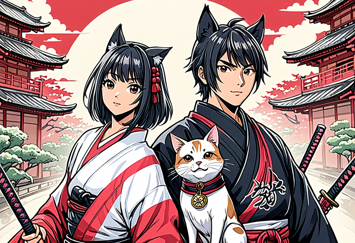 arte em tinta fina, comic style, portrait of japan, Samurai dog terrier and cat ninja, japanese couple, Glamour de Osaka, bela arte de linha, comic style, manga style, manga art style, pencil and ink caricature drawing, coloring, , other positions, corpo inteiro. Japan Background, Samurai dog terrier and cat ninja, casal, desenho colorido