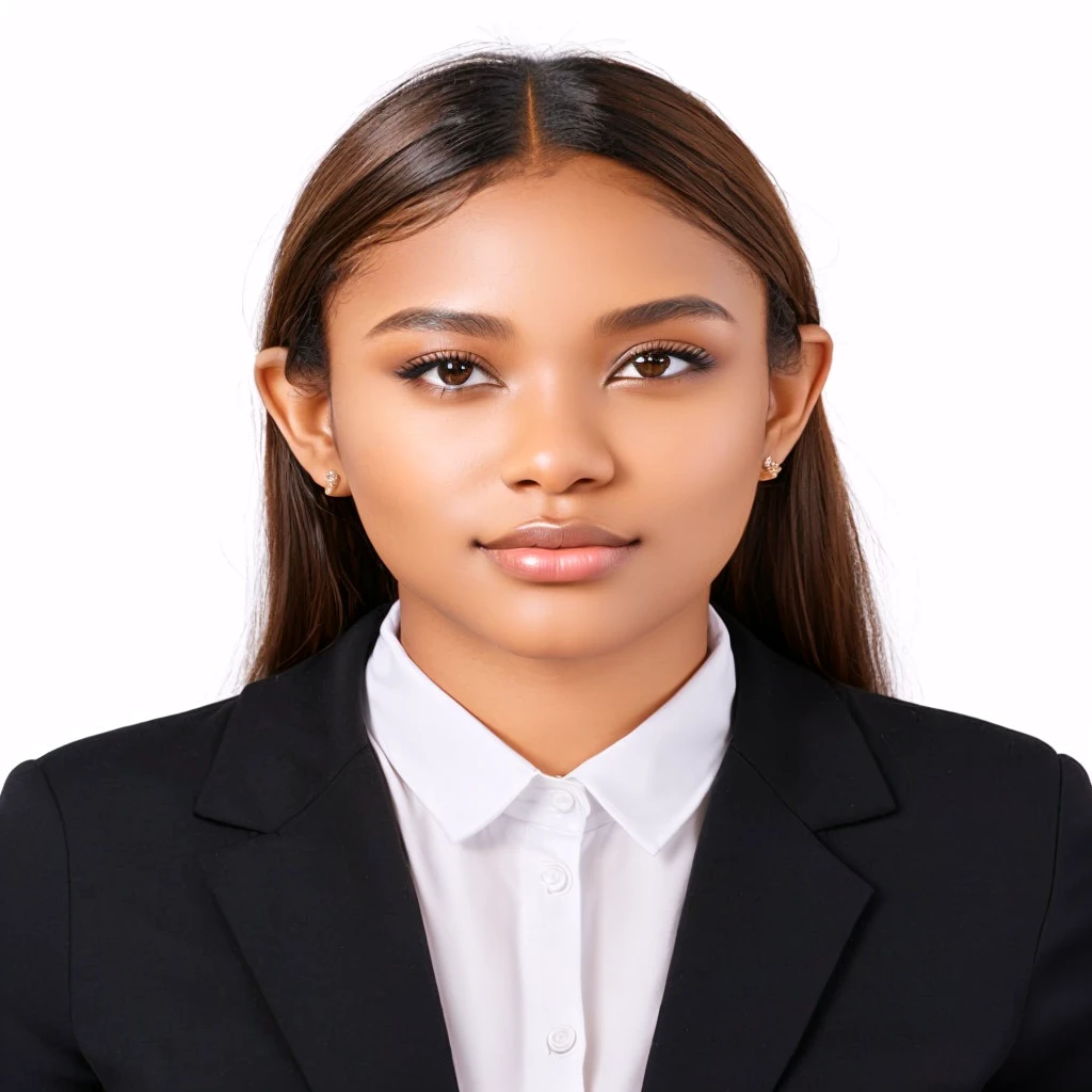Transform the woman in the photograph into a young Black American woman, aged 20-25, with natural hair texture typical of Black American women, while keeping the rest of the image the same. She should wear the same black blazer and white shirt, and maintain the same pose and neutral facial expression, with a neutral background. --v 5 --ar 1:1. make the lady skin a little bit real and brown , and use afro curly hair instant