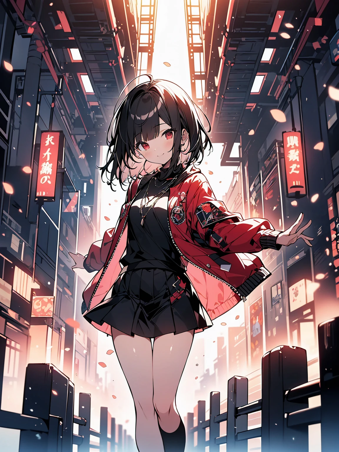 (masterpiece, highest quality, highest quality, (No text), Beautiful and aesthetic:1.2),No text,アニメ、 BREAK,One Girl,Short black hair Red eyes cool smile Black jacket mini skirt whole body Night view