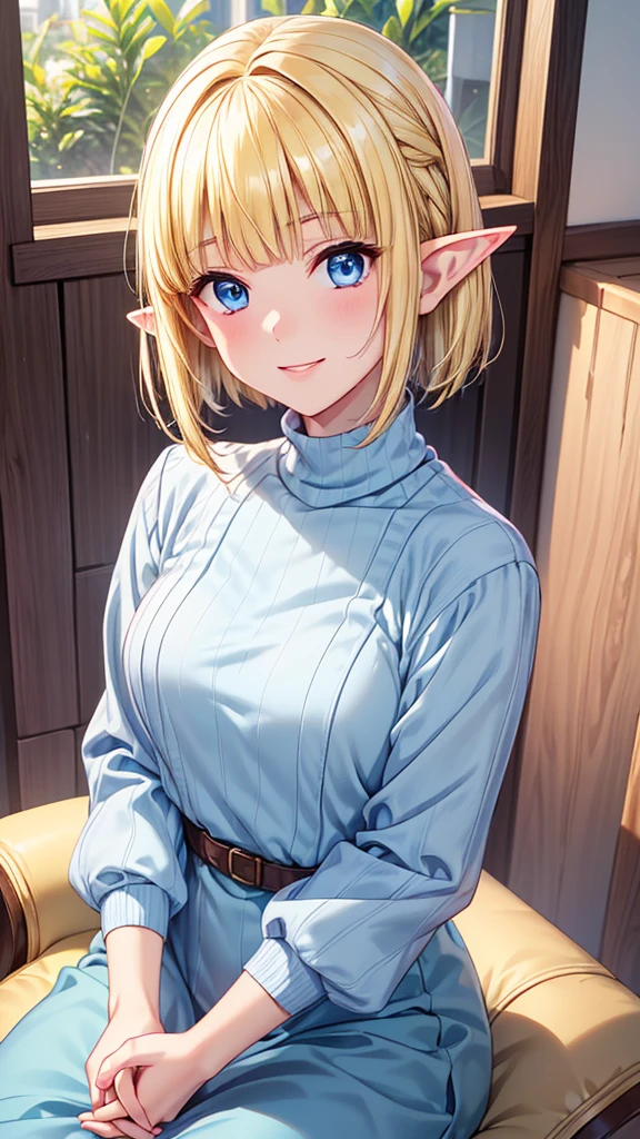 Very close、((Focus on the upper body))、(((16K、masterpiece、High resolution、High resolution)))、((1 young elven girl))、((Beautiful blonde))、short hair、((Beautiful Blue Eyes))、((Pointed Ears))、、Smiling Kindly、Grin、blush、Pink Lip Gloss,((Light blue turtleneck sweater、Long skirt))、((sit on the living room sofa))、look at me、((Put your hands together))、Top view
