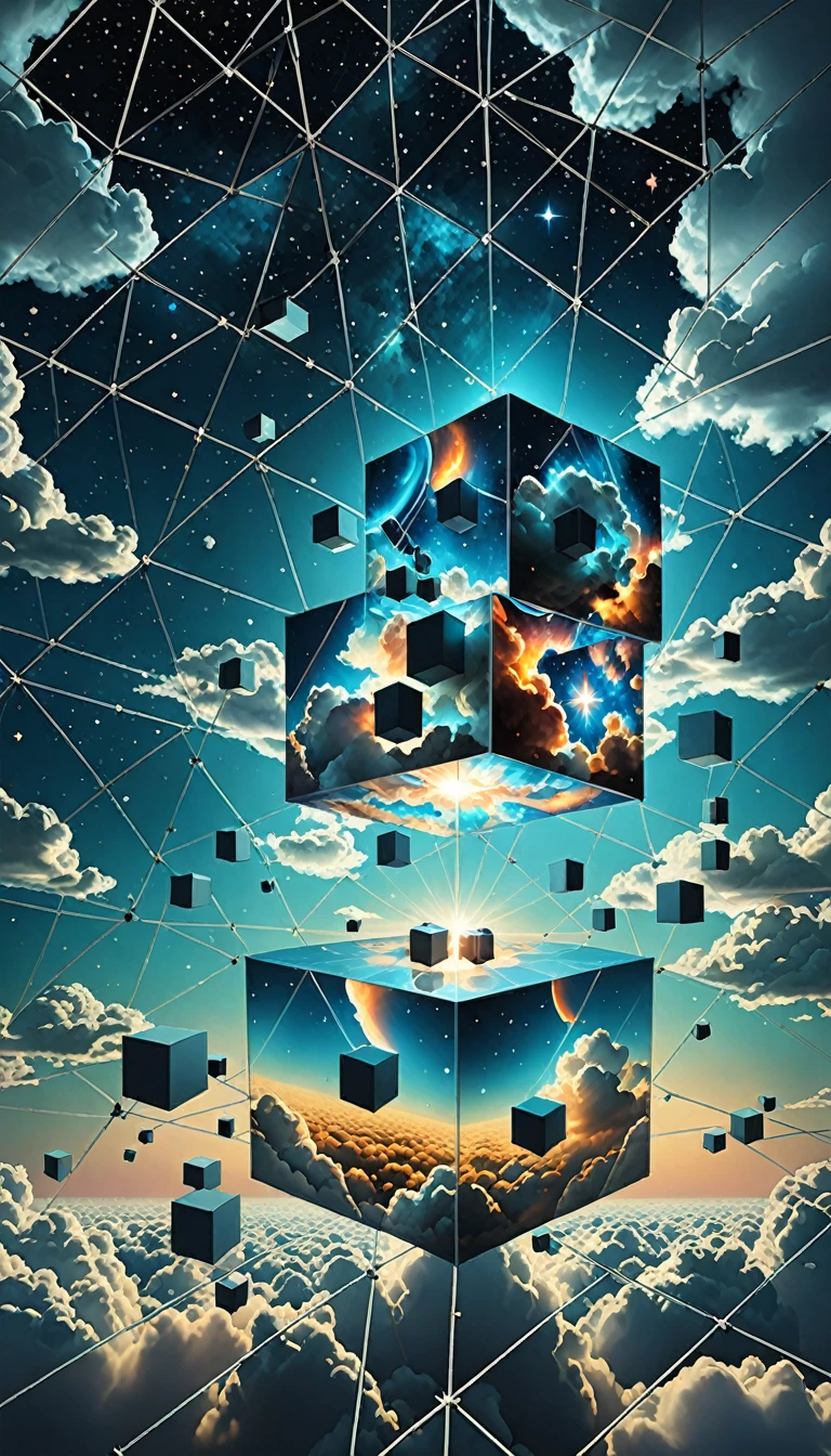Bosch style, Translucent cube captures eerie clouds, the Star scape warps, Time warp, Surrealism prevails, Star, Luminescence, 闪闪Luminescence的