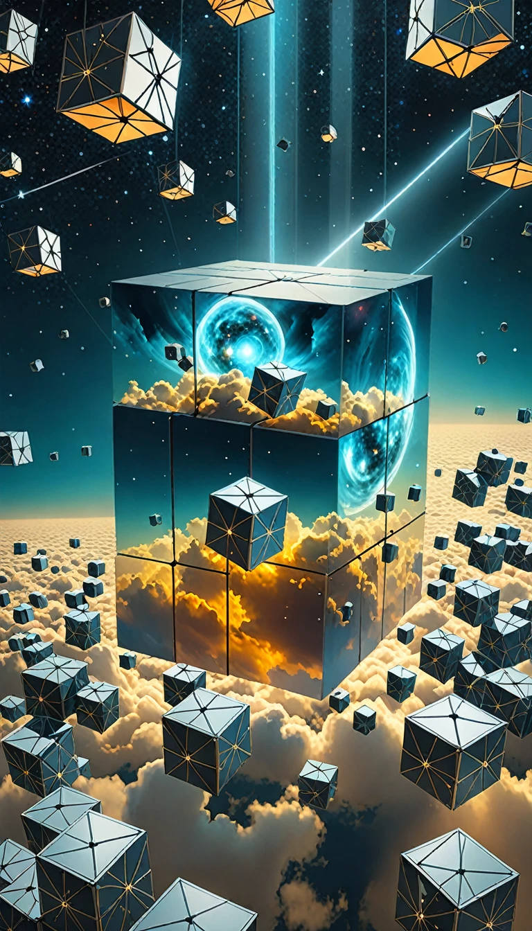 Bosch style, Translucent cube captures eerie clouds, the Star scape warps, Time warp, Surrealism prevails, Star, Luminescence, 闪闪Luminescence的