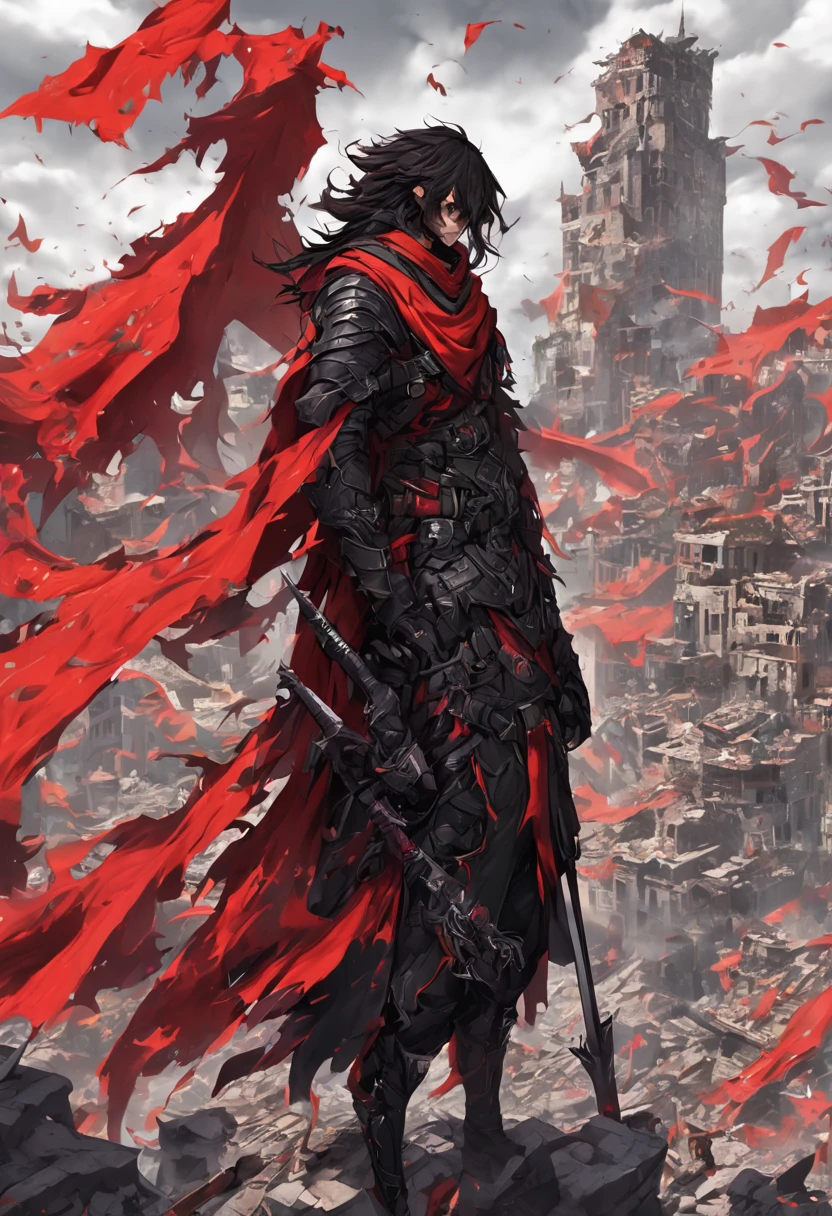 A man stands atop the ruins of a broken city, his red war flag with a dragon pattern billowing in the wind. He wears a black armor, his face twisted in a snarl of anger. The cityscape behind him is a maze of crumbling buildings and twisted metal. The sky is a deep, foreboding grey. Copy code block