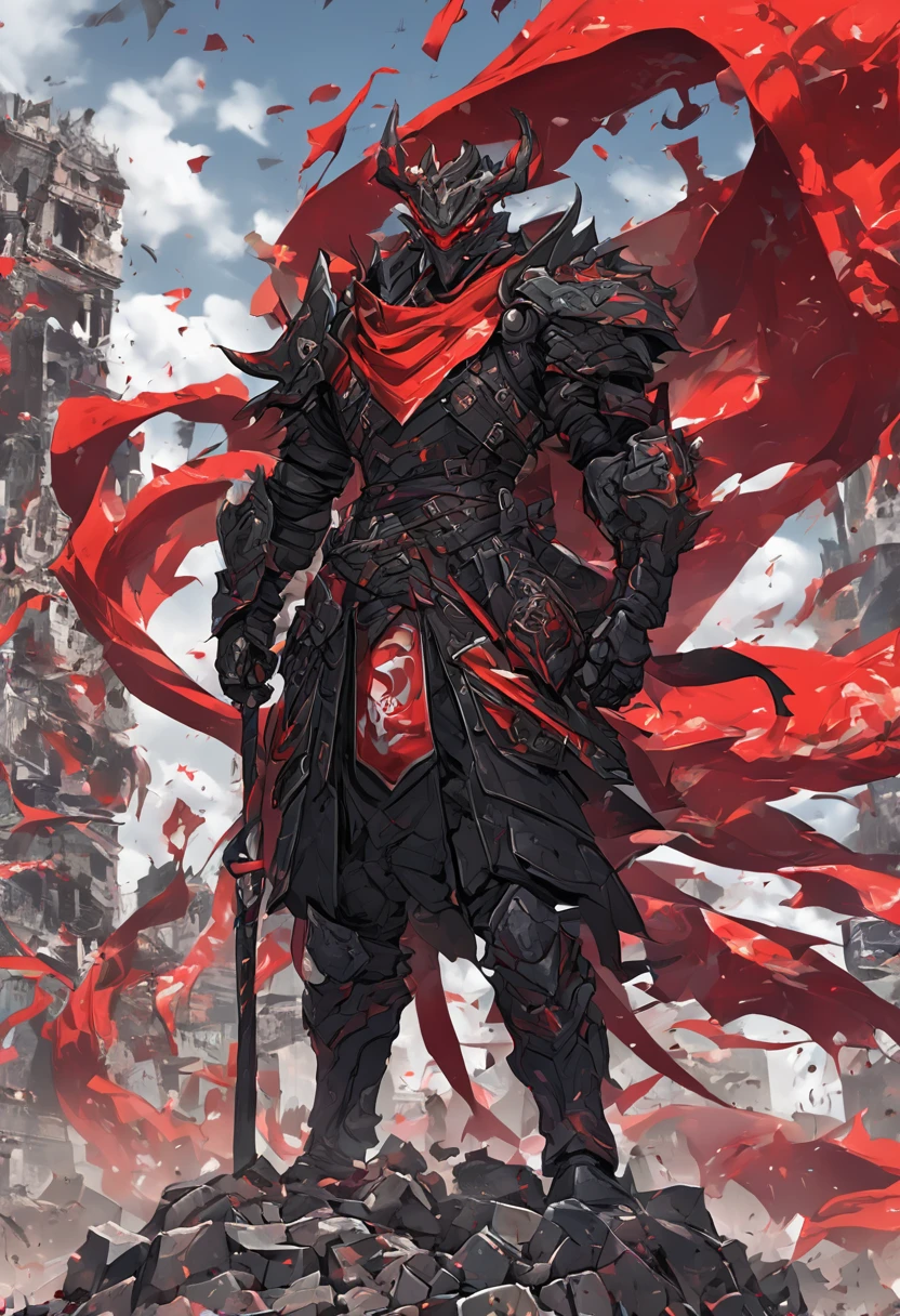 A man stands atop the ruins of a broken city, his red war flag with a dragon pattern billowing in the wind. He wears a black armor, his face twisted in a snarl of anger. The cityscape behind him is a maze of crumbling buildings and twisted metal. The sky is a deep, foreboding grey. Copy code block