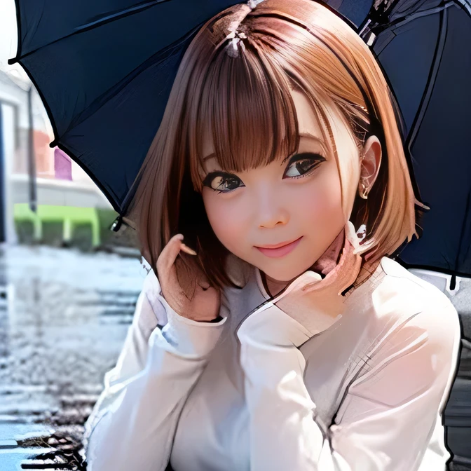 ((heavy rain:1.2))、(Holding a transparent umbrella with both hands)、(A girl crouching on the street)、A puddle spreads at my feet、T-Shirtini skirt、Bob Hair、Brown Hair、((Crying face:1.1))、Medium breast、(Beautiful face、Accurate Face、Anatomically correct limbs、Accurate 5-finger)、(Photorealistic quality、Highest quality、masterpiece、16K、Detailed Background)、