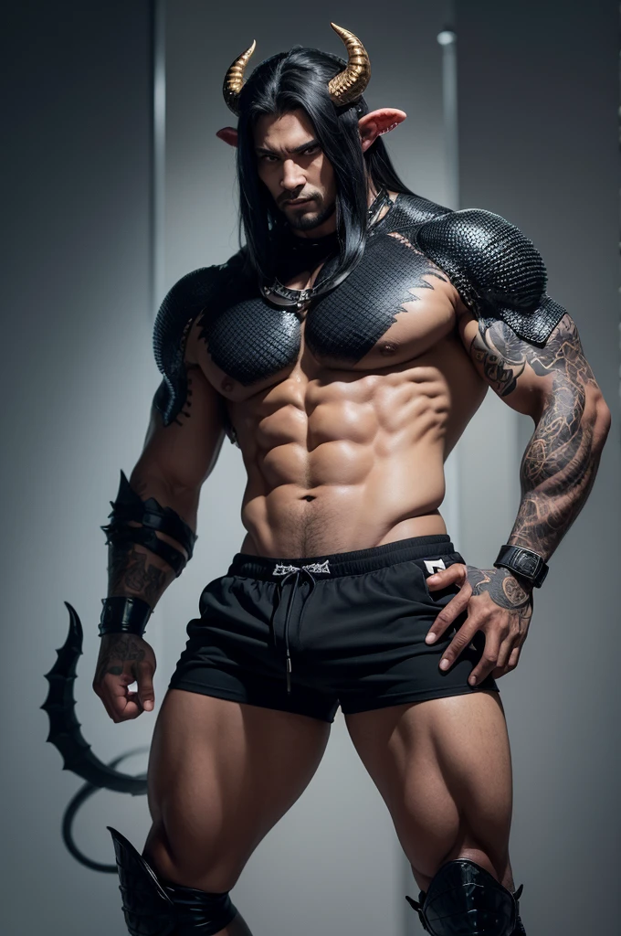 a man, with a dark, scaly tail, with bull horns, with black claws, light skin, black shorts
