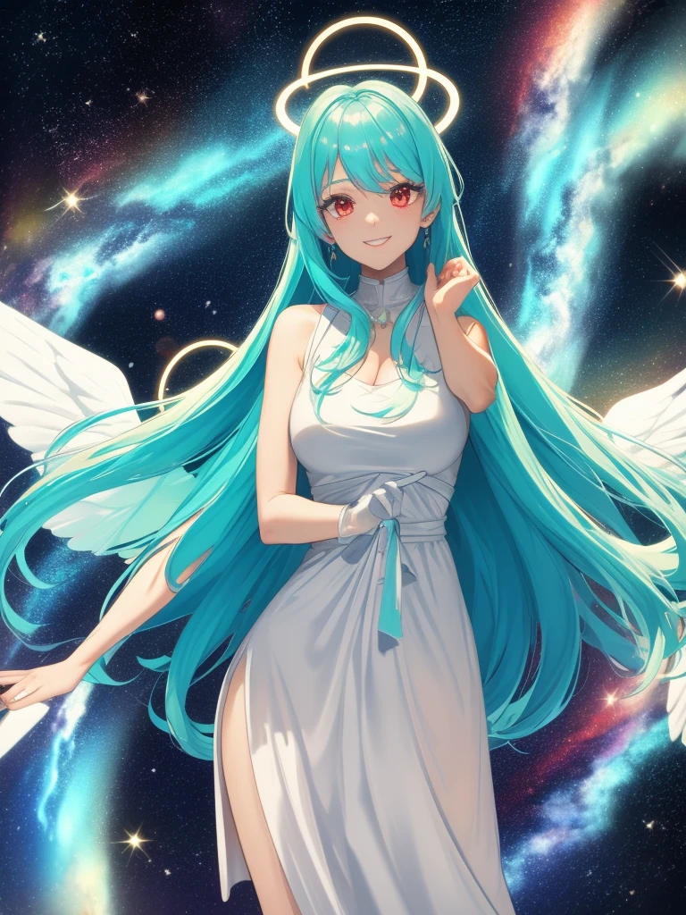 woman, Turquoise Hair, Red eyes, smile, Angel Wings, Golden halo, White Dress, Stand upright, In space, The Milky Way in the background, Distant Star, Upper Body