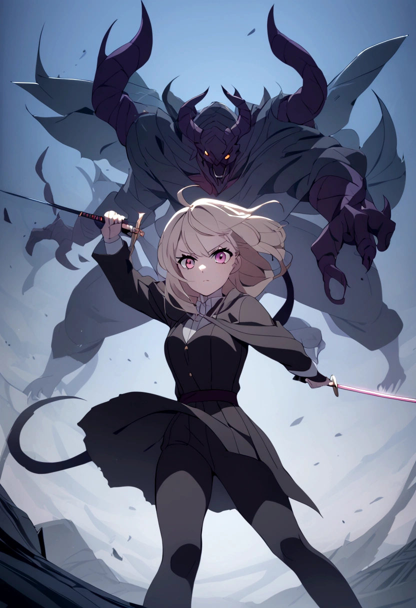 (best qualityer), 1 girl holding a sword ,fighting against a demon.