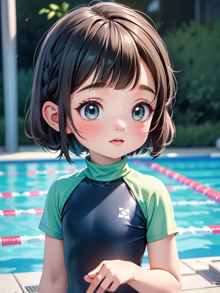 Highest quality、High resolution、Detailed Background、(Beautiful face in every detail:1.4)、Anatomically correct、(Detailed facial expressions)、(Fine grain:1.2)、age Beauty、Cute hair colour、Braided bob cut、Junior competitive swimmer, ((Turtleneck one-piece swimsuit)), Clear metallic green swimsuit, Small breasts、Perfect body line、Thick thighs、((Full body shot)), View your viewers, Poolside, Wet Skin, School swimming pool、 I'm tired from practice and a little sleepy., Gentle smile、Fun atmosphere、Cute gestures