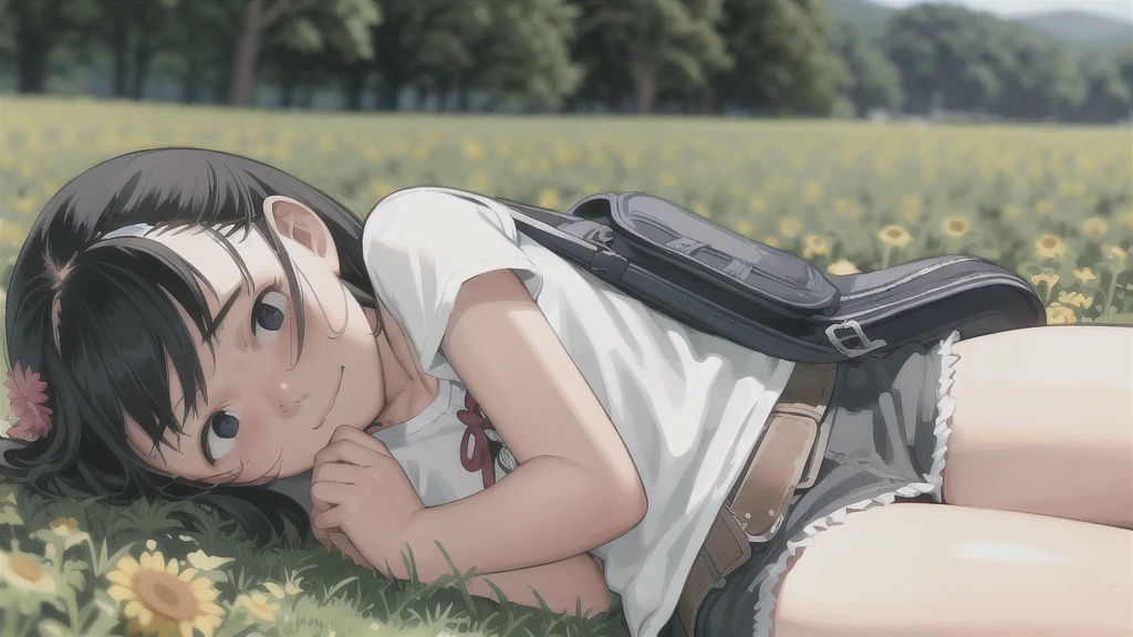 (round face), eyes with realistic sizing, drooping eyes, blush, sweat, shame, a housewife, (ecstasy face, lewd girl), (standing and straddling to hit her crotch against a vibrating grass trimmer, masturbating with complete concentration), braid, sneakers, angle from below,