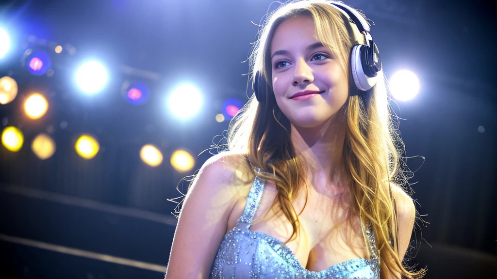 Beautiful blonde with big breasts in a dress (Singing under the spotlight on stage at a live venue),Wearing headphones,Very detailed, 21 years old, Innocent face, Naturally Wavy Hair, blue eyes, High resolution, masterpiece, Highest quality, Intricate details, Very detailed, Clear focus, Delicate skin, practical skin texture, texture, Delicate eyes, Professional, 4K, Cute Smile, Shot with Canon, 85mm, Shallow and deep, Kodak Vision Color, Exactly, Very detailed, photograph_\(Extremist\), photographpractical, practical, Post-processing, Maximum details, Roughness, Real Life, Extremist practical, Photorealism, photographgraphy, 8K Ultra HD, photographgraphy