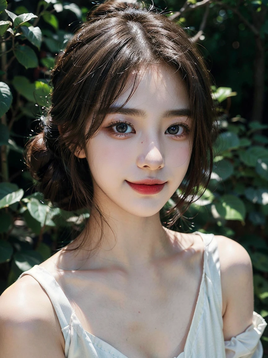 1girl, (looking at viewer:1.2), detail face, (a girl standing, rending on cgsociety, Rose bush backdrop), romanticism, atmospheric, (RAW photo, best quality), (realistic, photo-realistic:1.3), masterpiece, an extremely delicate and beautiful, extremely detailed, D cup，Cleavage，Translucent brown tube top 1.5）Hair in a bun，Small and delicate earrings，Exquisite eye details，Coy Toothy Smile1.5
