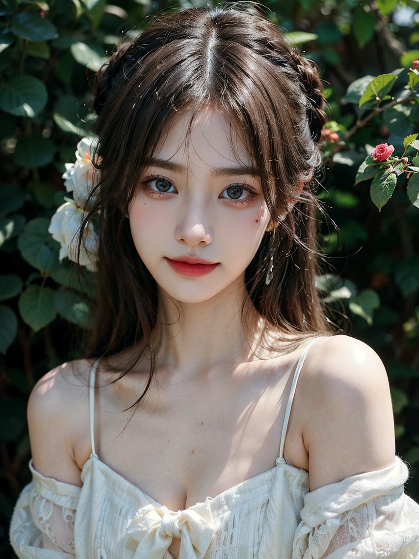 1girl, (looking at viewer:1.2), detail face, (a girl standing, rending on cgsociety, Rose bush backdrop), romanticism, atmospheric, (RAW photo, best quality), (realistic, photo-realistic:1.3), masterpiece, an extremely delicate and beautiful, extremely detailed, D cup,Cleavage,Translucent brown tube top 1.5)Hair in a bun,Small and delicate earrings,Exquisite eye details,Coy Toothy Smile1.5