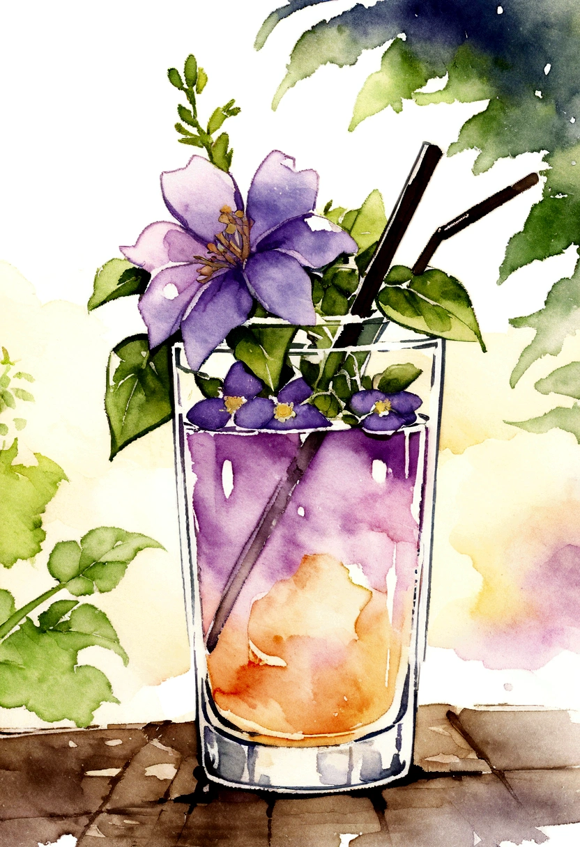Purple flowers in a glass with a straw and a straw in it, 🌺 society, by Oze Kanaoka, Highly detailed watercolor 8k, Highly detailed watercolor 8k, relaxed and calm atmosphere, Watercolor illustration style, Artgasm, Highly detailed background, Lo-fi art style, Chill Hop, Shiny digital painting, Lofi Color, Official artwork