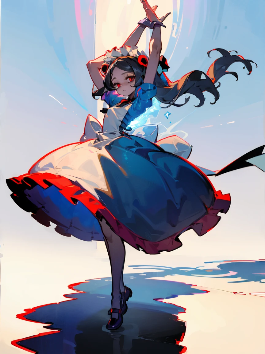 (masterpiece, best quality, highly detailed, UHD), skullgirl, marie, maid dress, full body, arms in the air, looking at the sky, white background