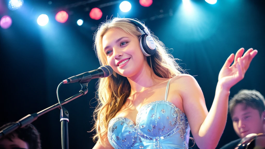 Beautiful blonde with big breasts in a dress (Singing under the spotlight on stage at a live venue),Wearing headphones,Very detailed, 21 years old, Innocent face, Naturally Wavy Hair, blue eyes, High resolution, masterpiece, Highest quality, Intricate details, Very detailed, Clear focus, Delicate skin, practical skin texture, texture, Delicate eyes, Professional, 4K, Cute Smile, Shot with Canon, 85mm, Shallow and deep,  Kodak Vision Color, Exactly, Very detailed, photograph_\(Extremist\), photographpractical, practical, Post-processing, Maximum details, Roughness, Real Life, Extremist practical, Photorealism, photographgraphy, 8K Ultra HD, photographgraphy