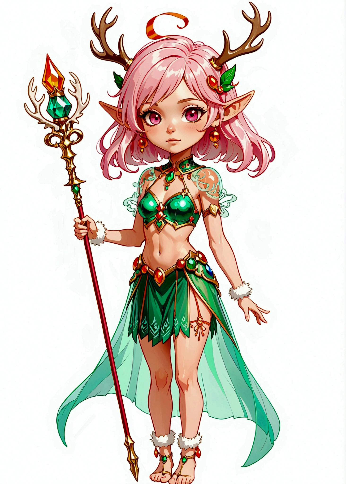 game character，Cartoon anime style，beautiful girl，Fluffy pink hair，Pink Eyes，antlers，Elf ears，Orange tulle short skirt，Jeweled Scepter，Long legs，Standing barefoot，Bells on anklets。(((Correct human anatomy)))，White background
