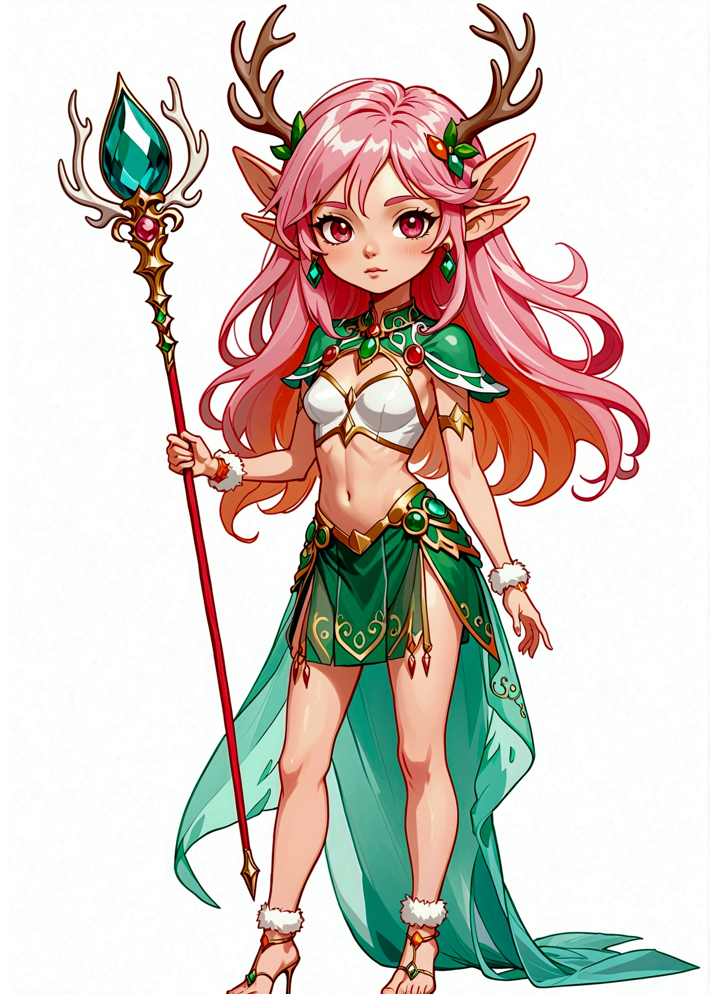 game character,Cartoon anime style,beautiful girl,Fluffy pink hair,Pink Eyes,antlers,Elf ears,Orange tulle short skirt,Jeweled Scepter,Long legs,Standing barefoot,Bells on anklets。(((Correct human anatomy))),White background