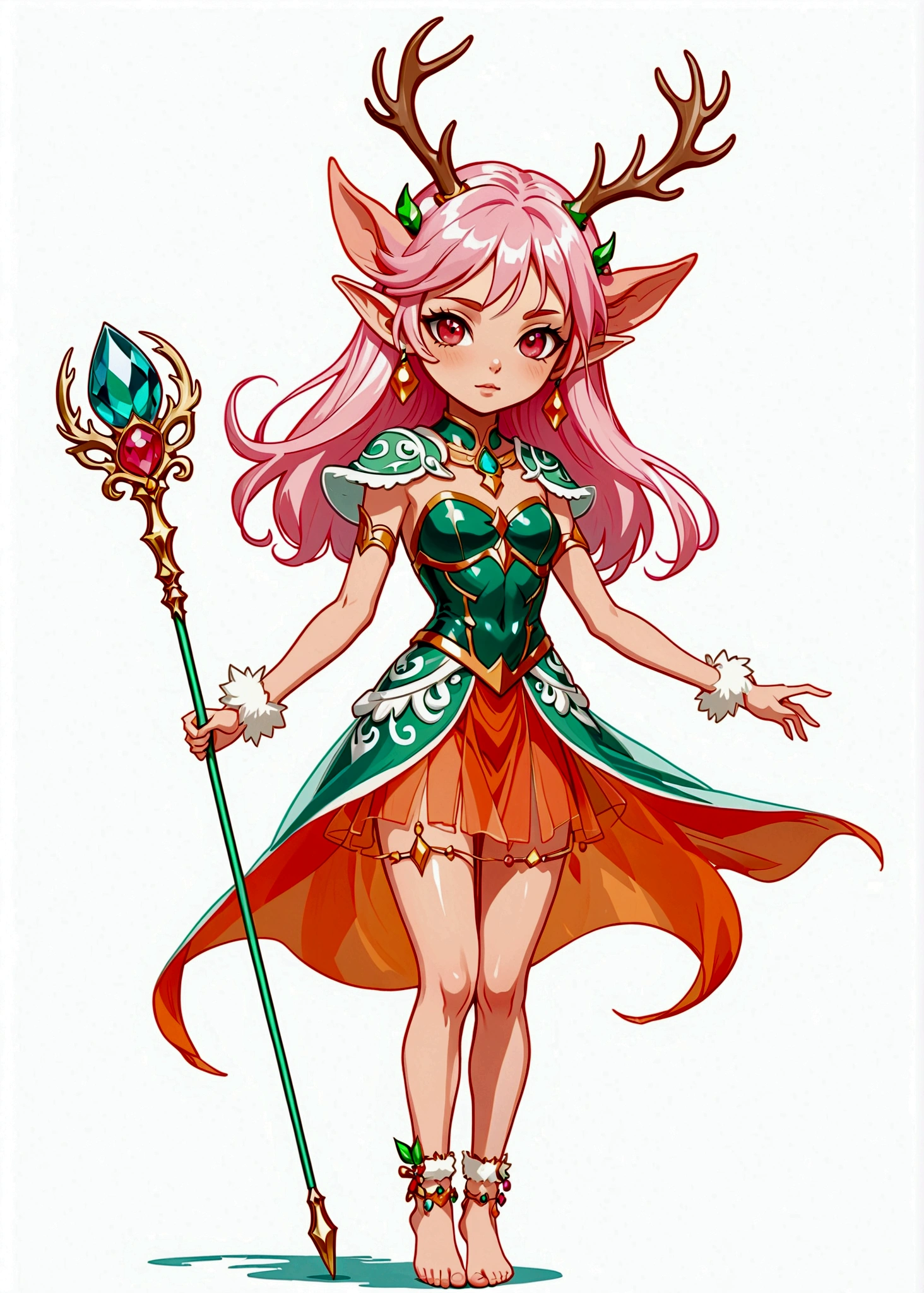 game character,Cartoon anime style,beautiful girl,Fluffy pink hair,Pink Eyes,antlers,Elf ears,Orange tulle short skirt,Jeweled Scepter,Long legs,Standing barefoot,Bells on anklets。(((Correct human anatomy))),White background