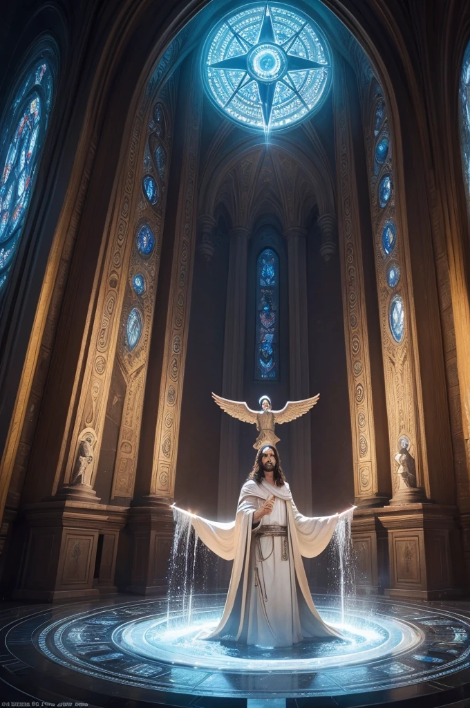 Jesus in front of a large circle with angels and a fountain, god concept art, jesus christ in mass effect, religious science fiction, esoteric equation paradise, Symmetrical epic fantasy art, official art, the divine emperor of humanity, cover of epic music album, album art, Highly detailed 4k digital art, epic cover album art, divine realm of the gods